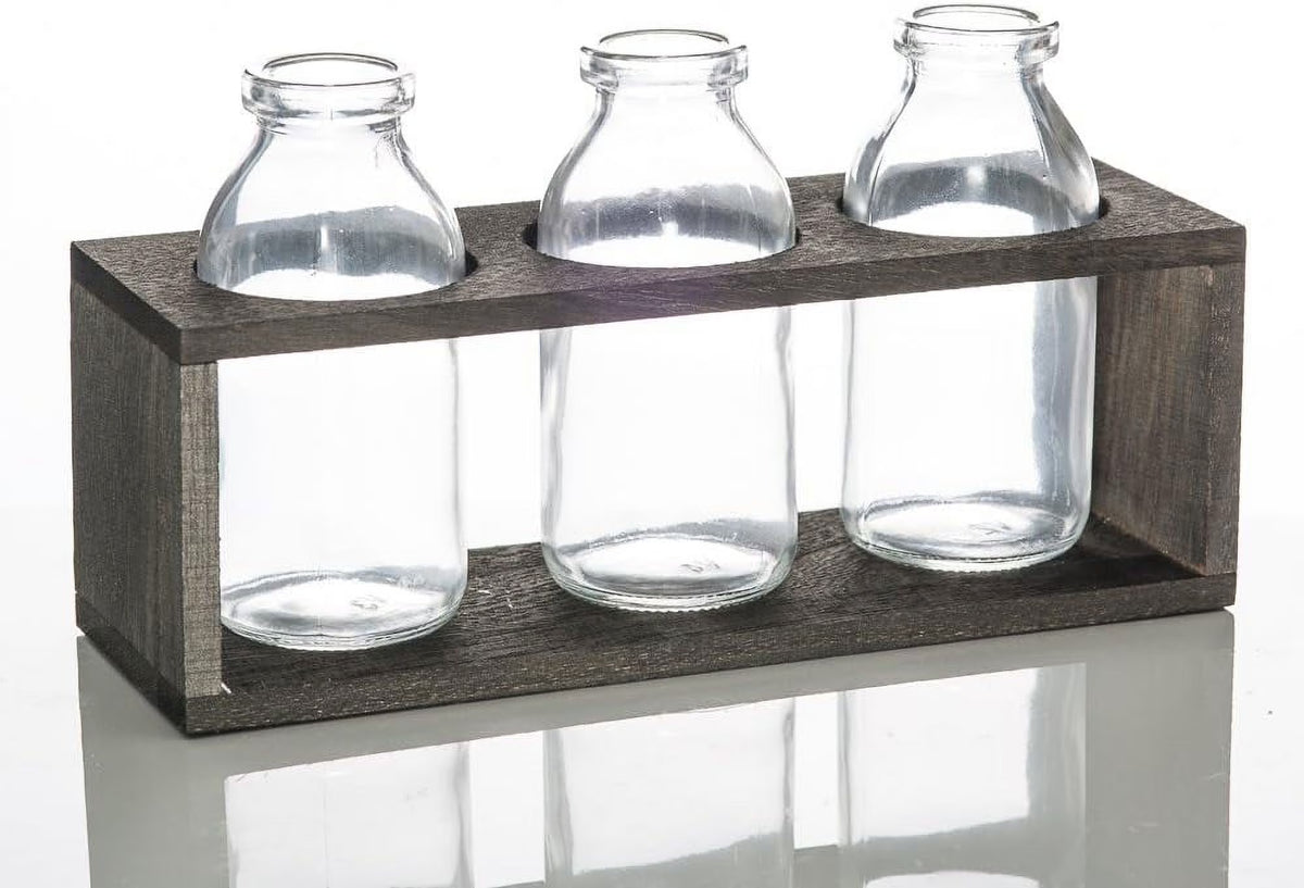 Milk Bottle Vases With Wooden Stand Set Of 6 L4264