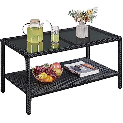 Black Wicker Storage Coffee Table with Tempered Glass Top U704
