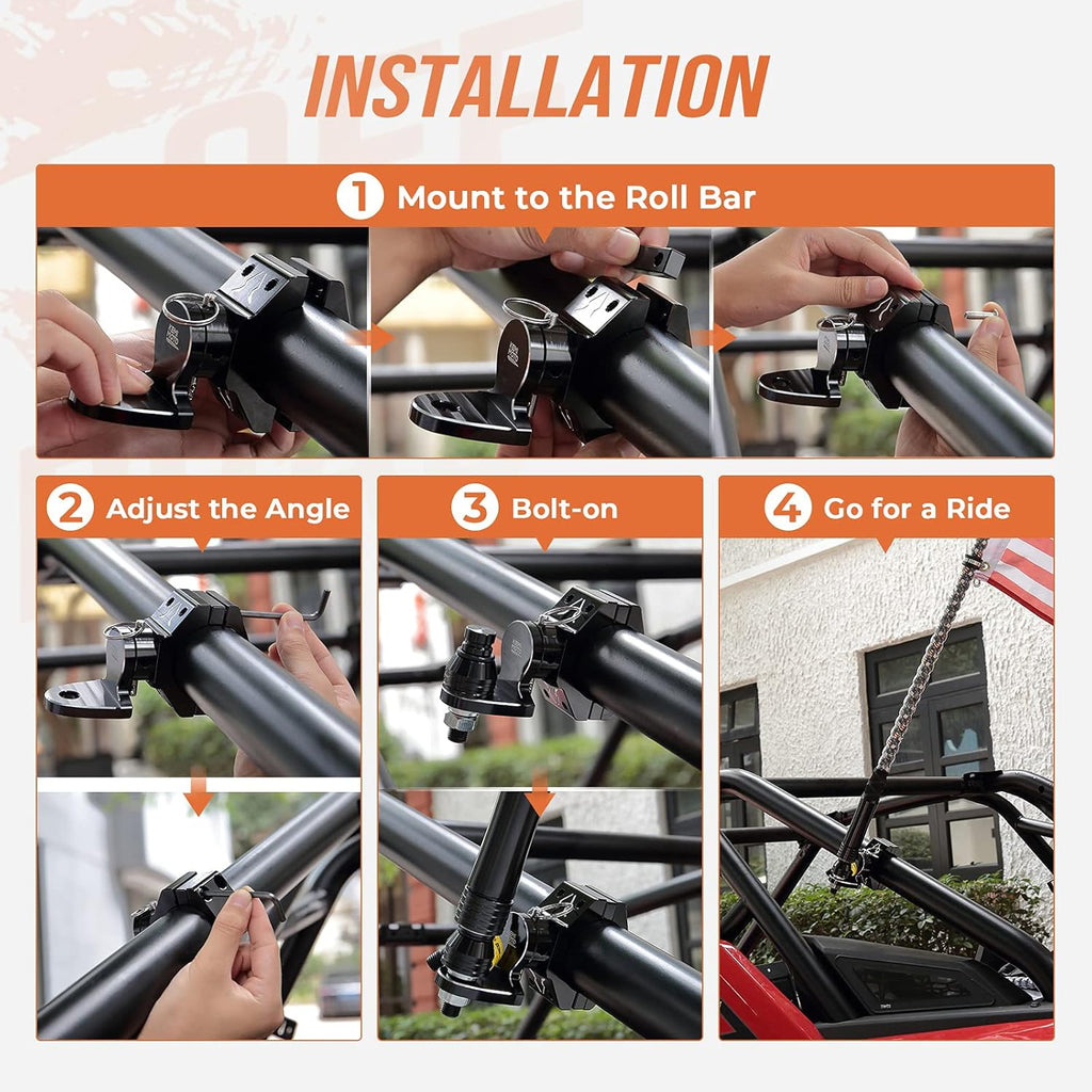 2PCS Aluminum Adjustable UTV Whip Mount for 1.75-2 Roll Bar R7627