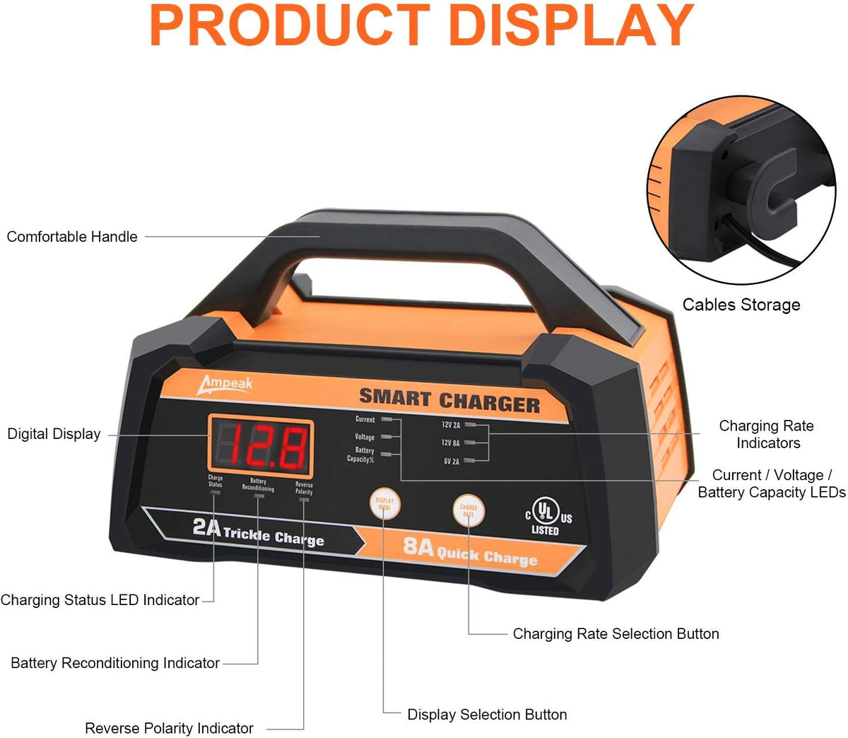 6V 12V Smart Car Battery Charger and Maintainer 2A 8A with Cable Clamps J75760