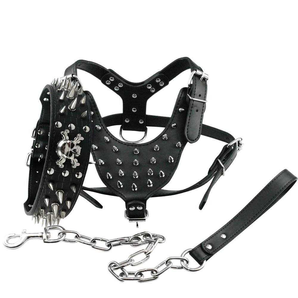 Black Leather Spiked Dog Collar & Leash & Harness 3 Pcs Set B654