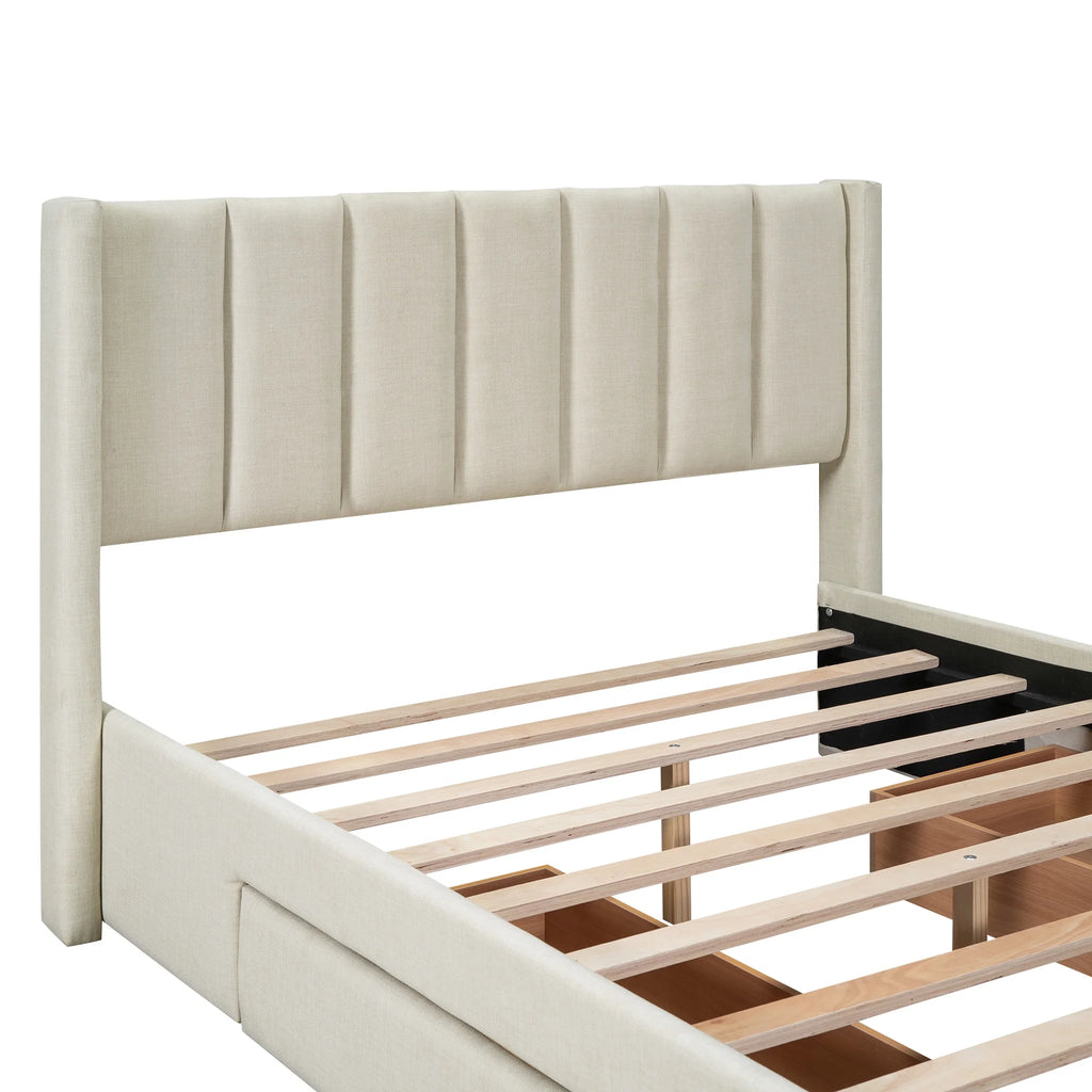 Beige Queen Size Upholstered Platform Bed with 3 Storage Drawers L881