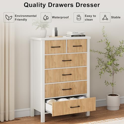 White 6 Drawer Fluted Wood Dresser P180466