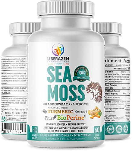 Organic Irish Sea Moss Pills with Turmeric, Burdock Root & Bladderwrack - 60 Capsules S1213