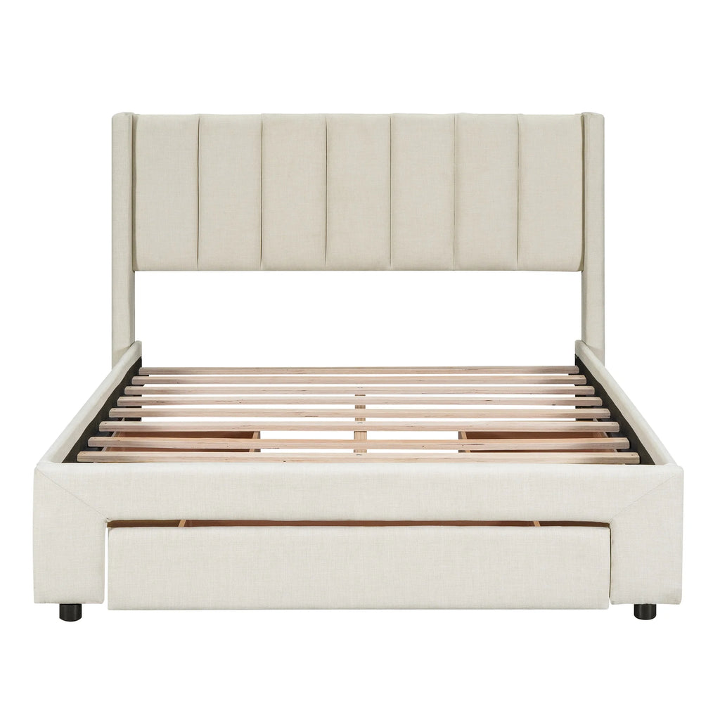 Beige Queen Size Upholstered Platform Bed with 3 Storage Drawers L881