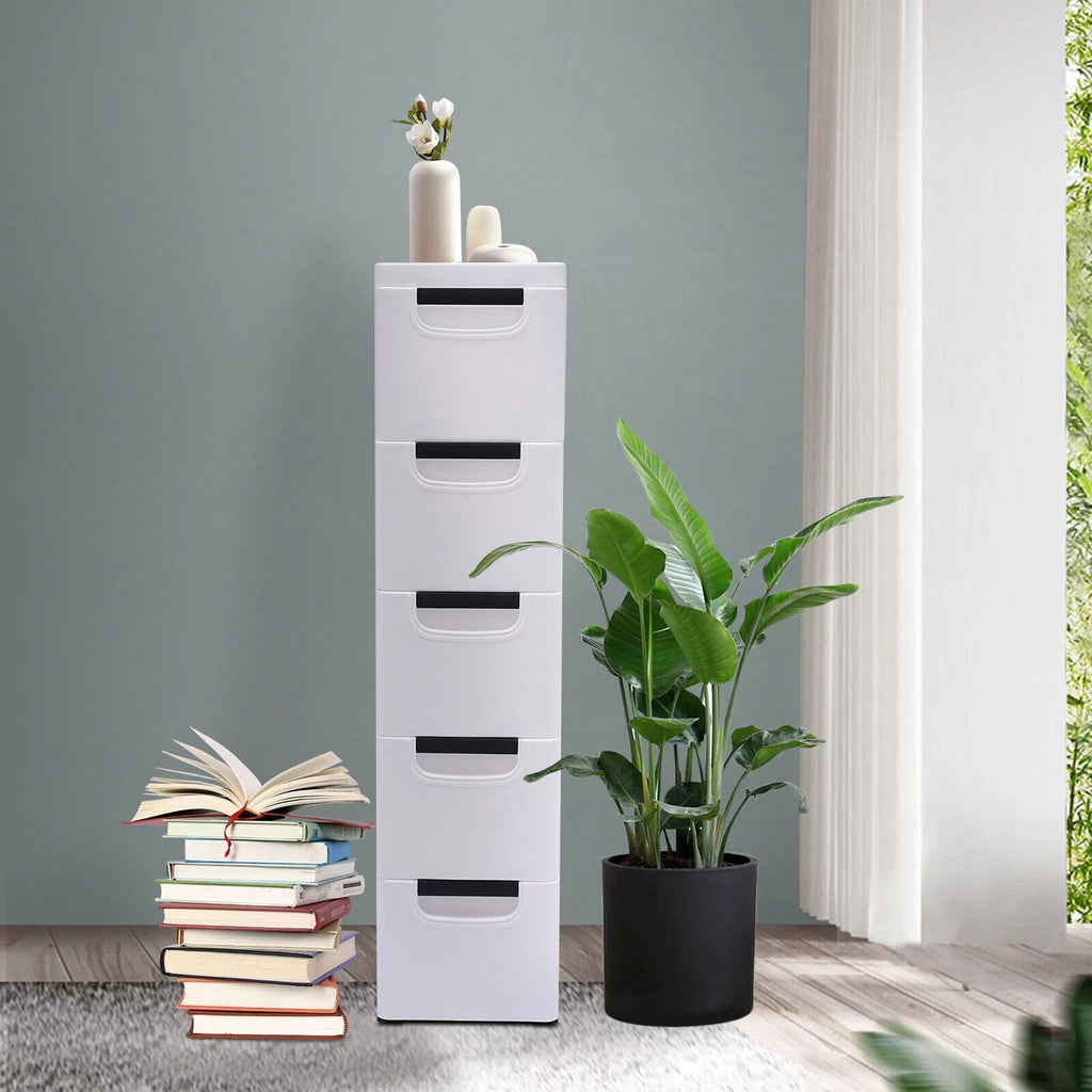 White Narrow Plastic 5 Drawer Dresser with Wheels W314513