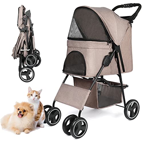 Navy Blue Four Wheels Pet Dog Stroller with Storage Basket Y60174