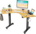 L Shaped Electric Standing Desk with Bamboo Top and Black Frame Y87675