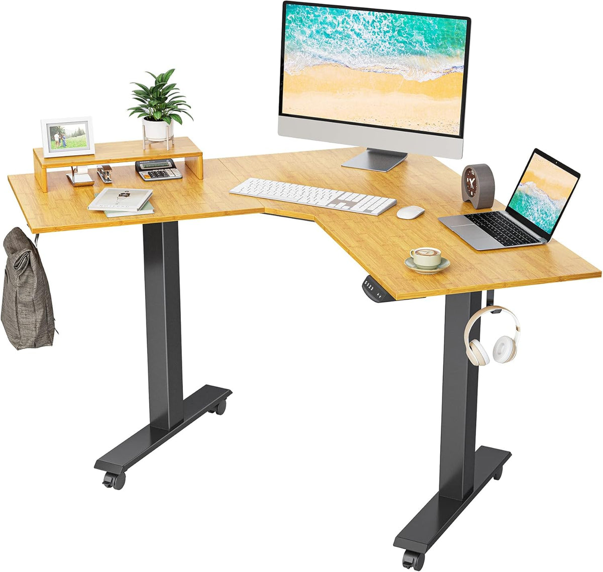 L Shaped Electric Standing Desk with Bamboo Top and Black Frame Y87675