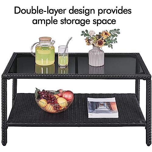 Black Wicker Storage Coffee Table with Tempered Glass Top U704