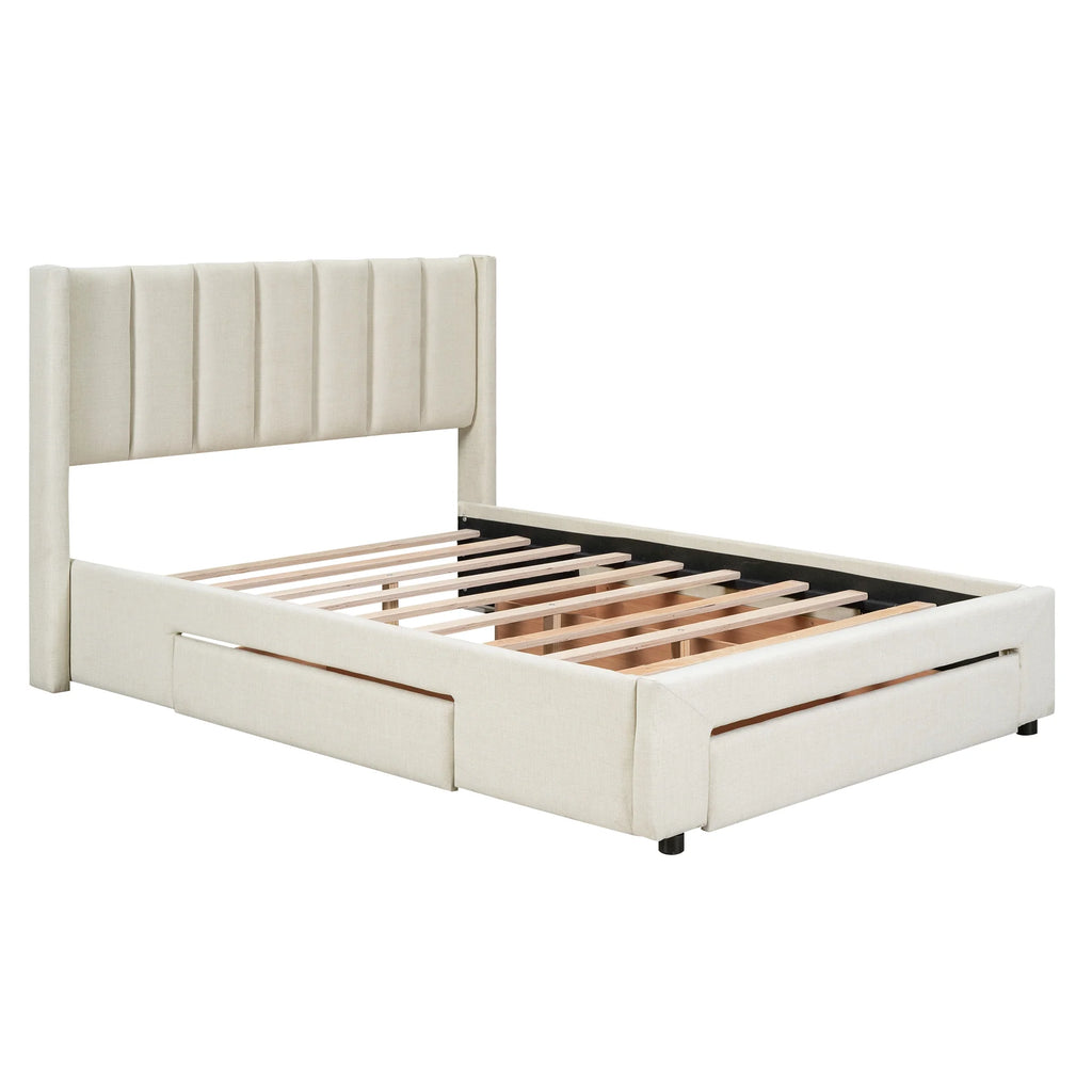 Beige Queen Size Upholstered Platform Bed with 3 Storage Drawers L881