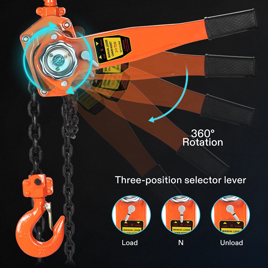 3/4 Ton Capacity 5 Feet Lever Chain Hoist with 2 Hooks I911196