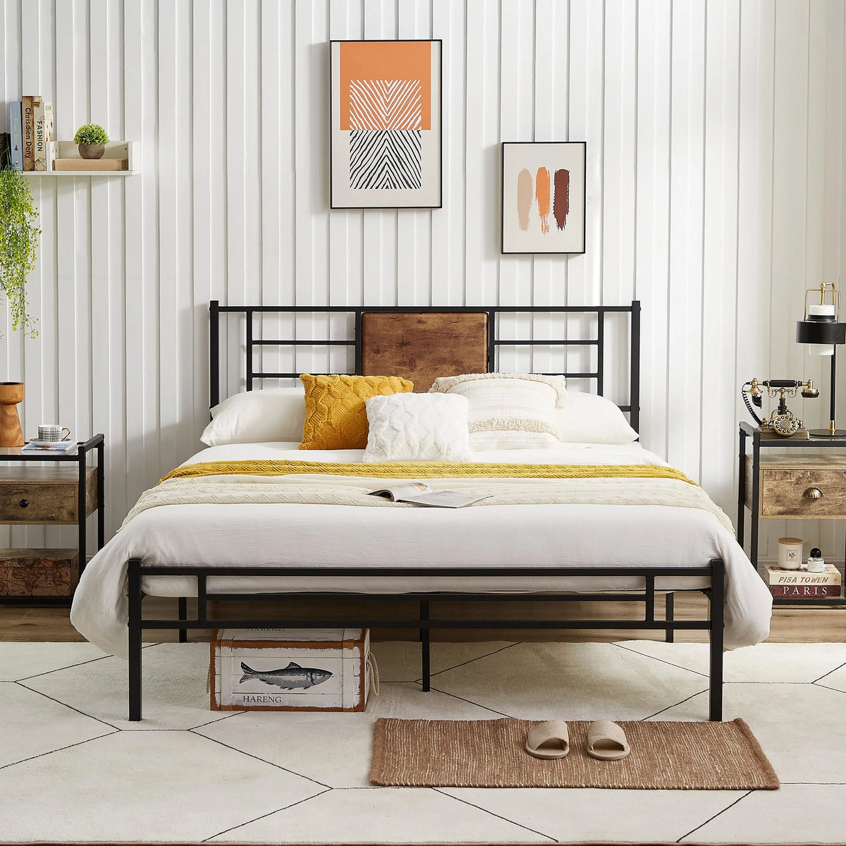 Queen Size Metal Platform Bed Frame with Wood Headboard I28752
