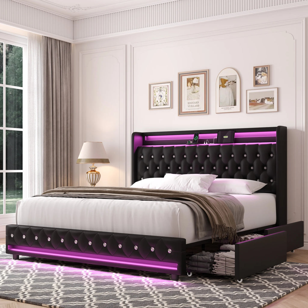 King Size LED Upholstered Platform Bed Frame with 4 Storage Drawers O21914