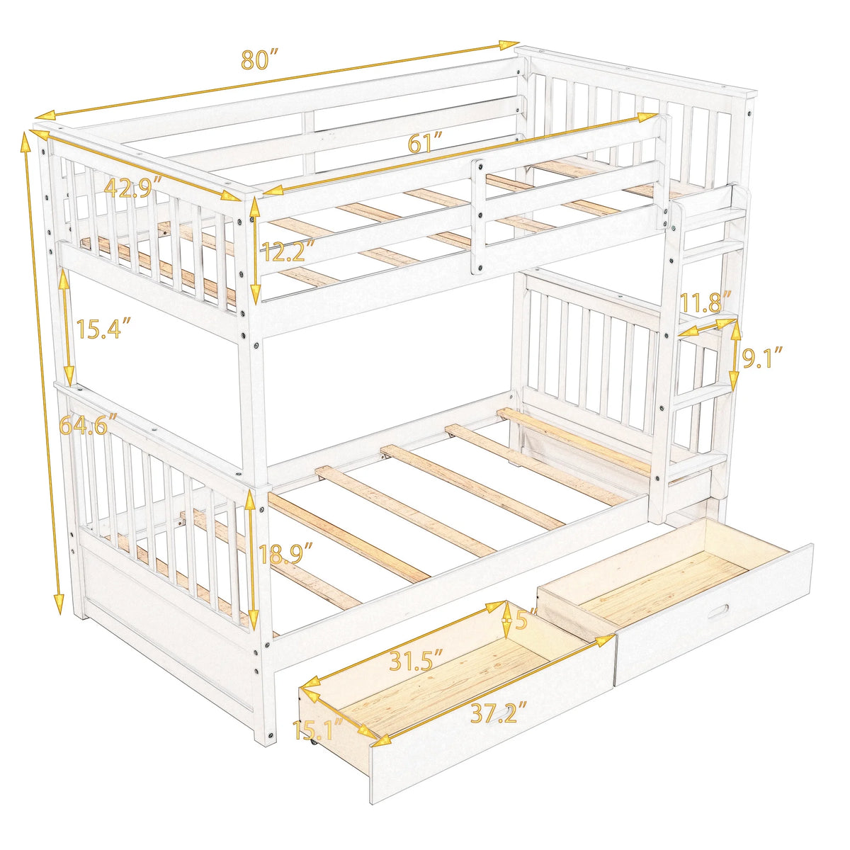 Solid Wood Twin Over Twin Bunk Beds with Storage Drawers T2092