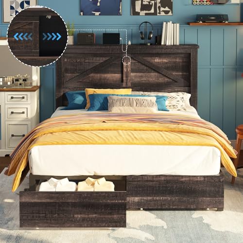 Grey King Bed Frame with Storage Drawers and Bookcase Headboard T719103