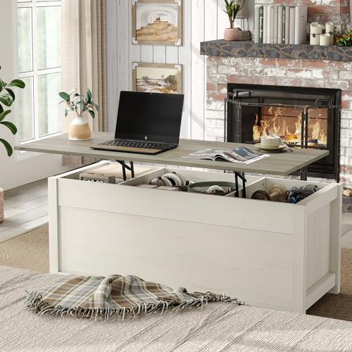 47.3'' White Rustic Brown Rectangular Lift Top Coffee Table with Storage E791755