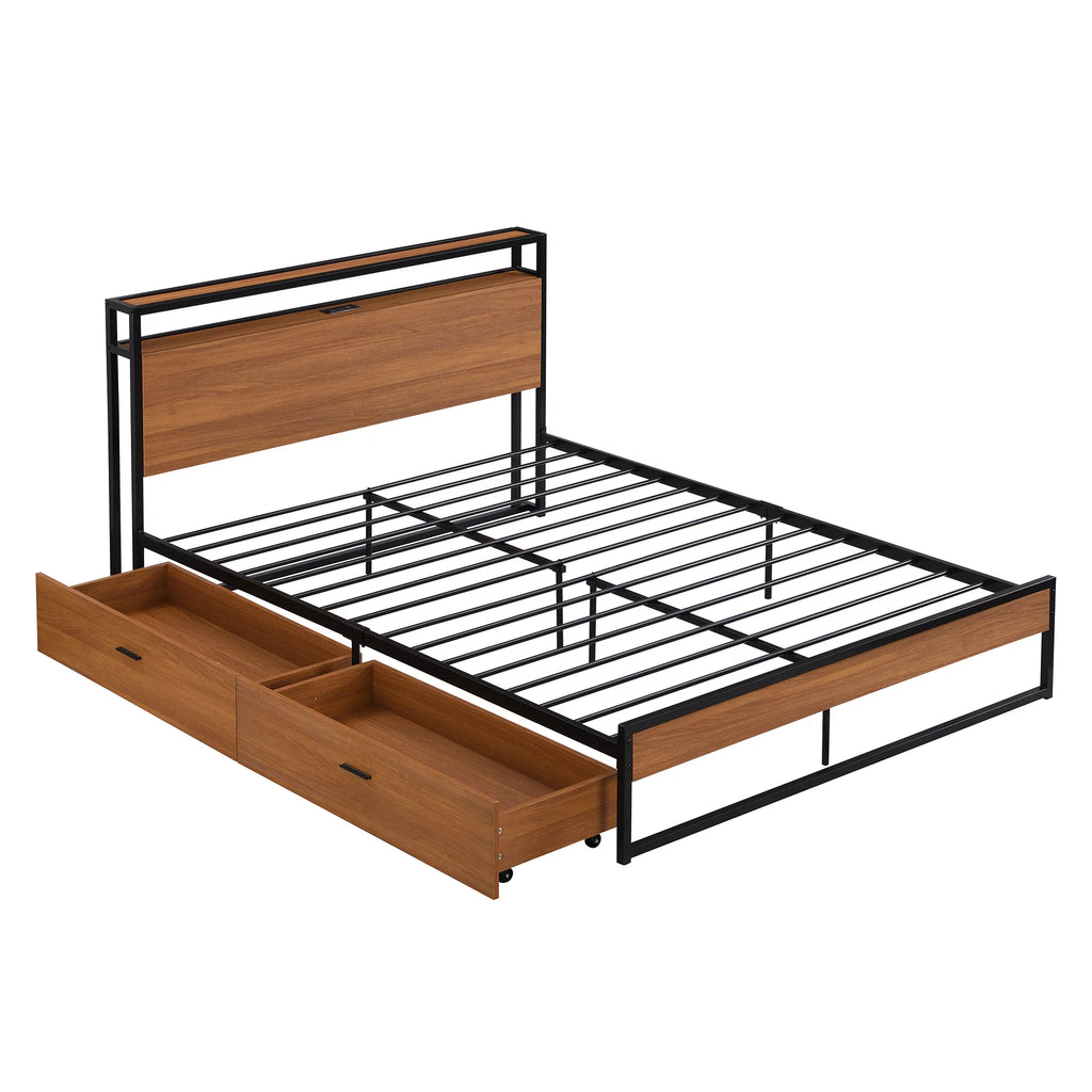 Black Queen Size Metal Platform Bed Frame with Wood Headboard and 2 Drawers Y309