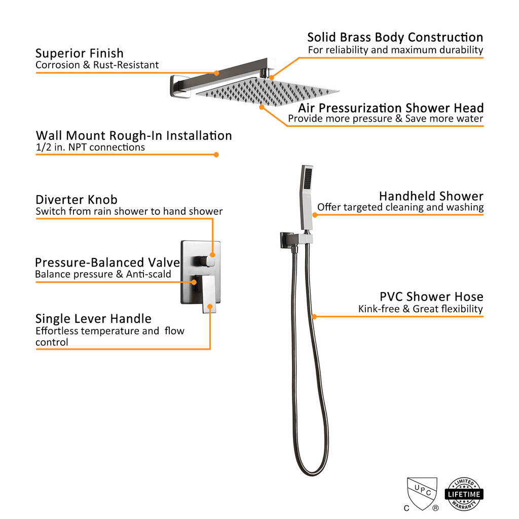 Wall Mounted Rainfall Shower Head Handheld Spray Square Shower Set O129