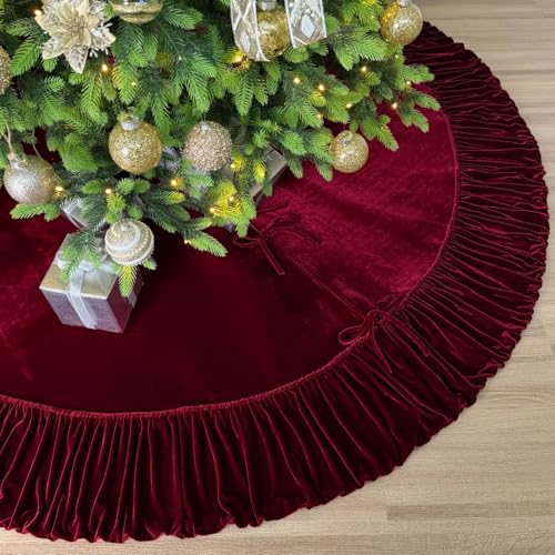 60-Inch Ruffled Velvet Christmas Tree Skirt with Lace-Up Tie Closure, Burgundy D499