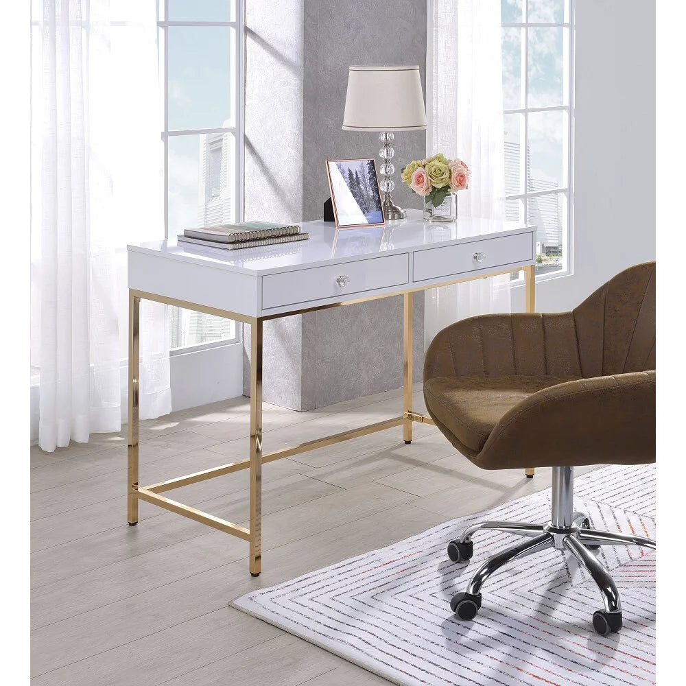 White High Gloss Desk with 2 Drawers Metal Frame N6866