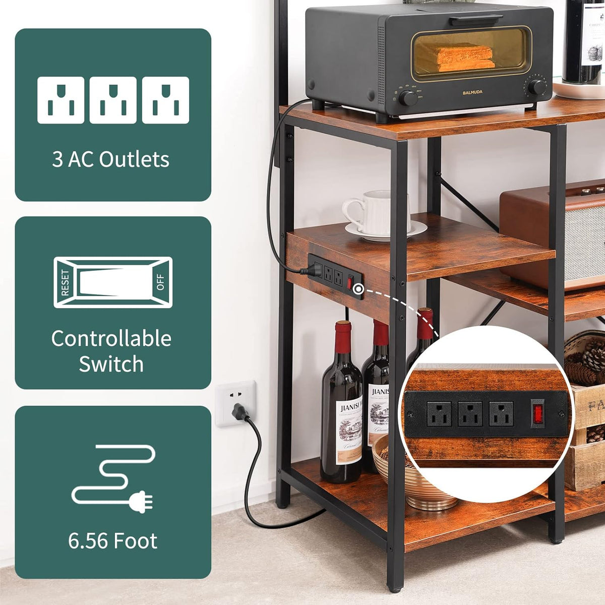Industrial Bakers Rack with Power Outlet, 10 Hooks N868012