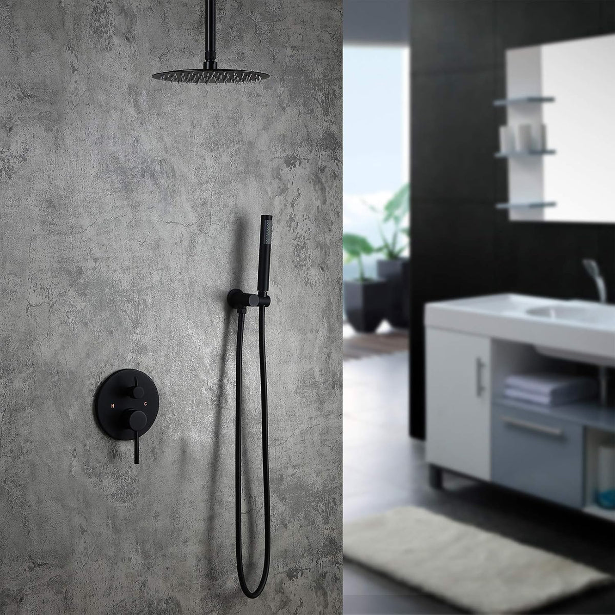 Matte Black 12" Ceiling Mounted Round Rainfall Shower with Hand Shower Wall Mount Combo Set with Rough-in Valve and Trims, Solid Brass T30051