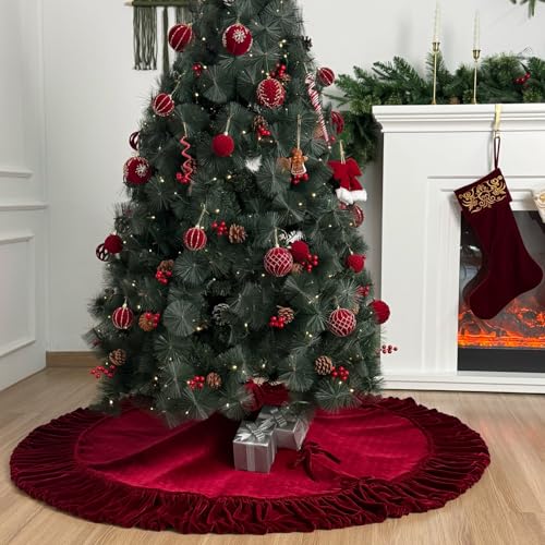 60-Inch Ruffled Velvet Christmas Tree Skirt with Lace-Up Tie Closure, Burgundy D499