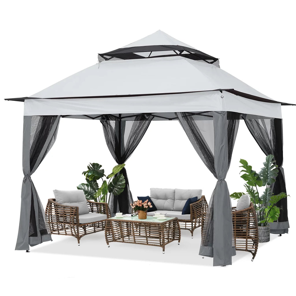 13'x13' Brown Pop up Gazebo Canopy Shelter with Mosquito Netting F520878
