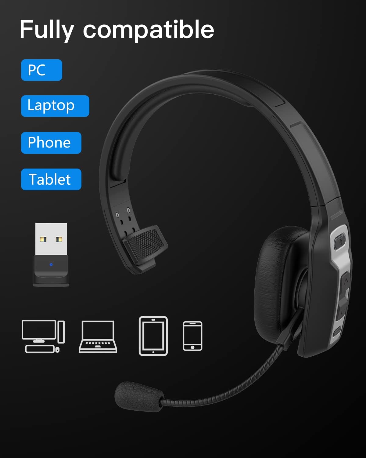 Bluetooth Headset with USB Dongle, Single-Ear Wireless Headset with Noise Cancelling Microphone N96325