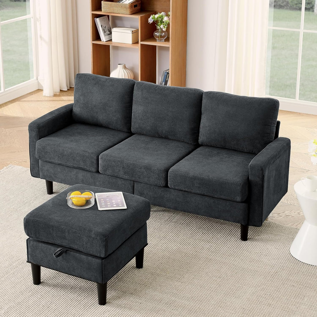 Dark Gray Fabric L Shaped Sectional Sofa with Storage Ottoman E99030