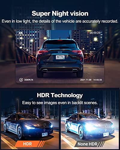 Dual Dash Cam 5G WiFi GPS, 4K+HDR 1080P Front and Rear, 3.3" Screen, Night Vision, Parking Mode, G-Sensor, Support 512GB Max F385984