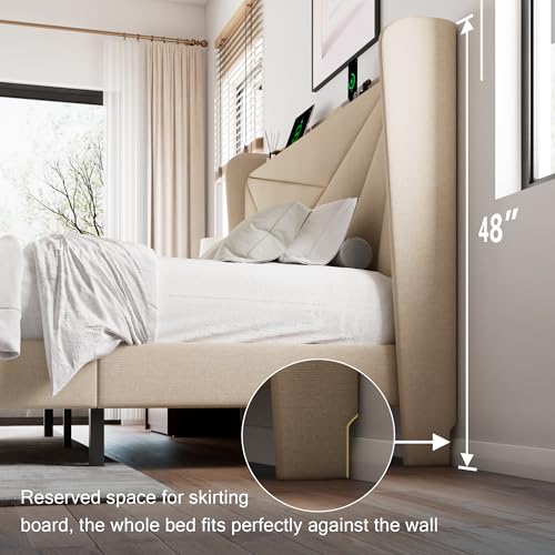 White Full Size Upholstered Platform Bed Frame with Storage Headboard G5091