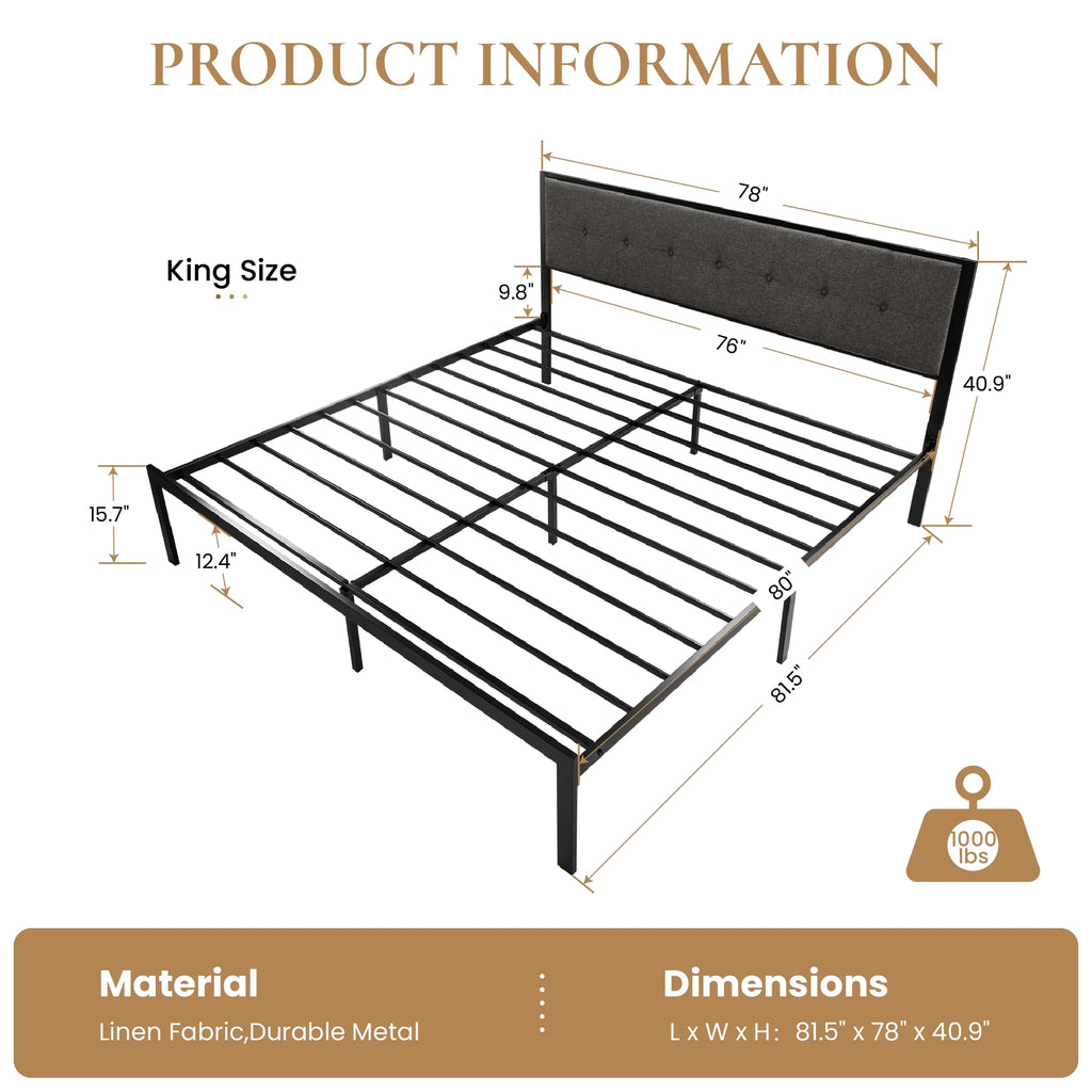 Black King Size Metal Platform Bed Frame with Fabric Headboard X946090