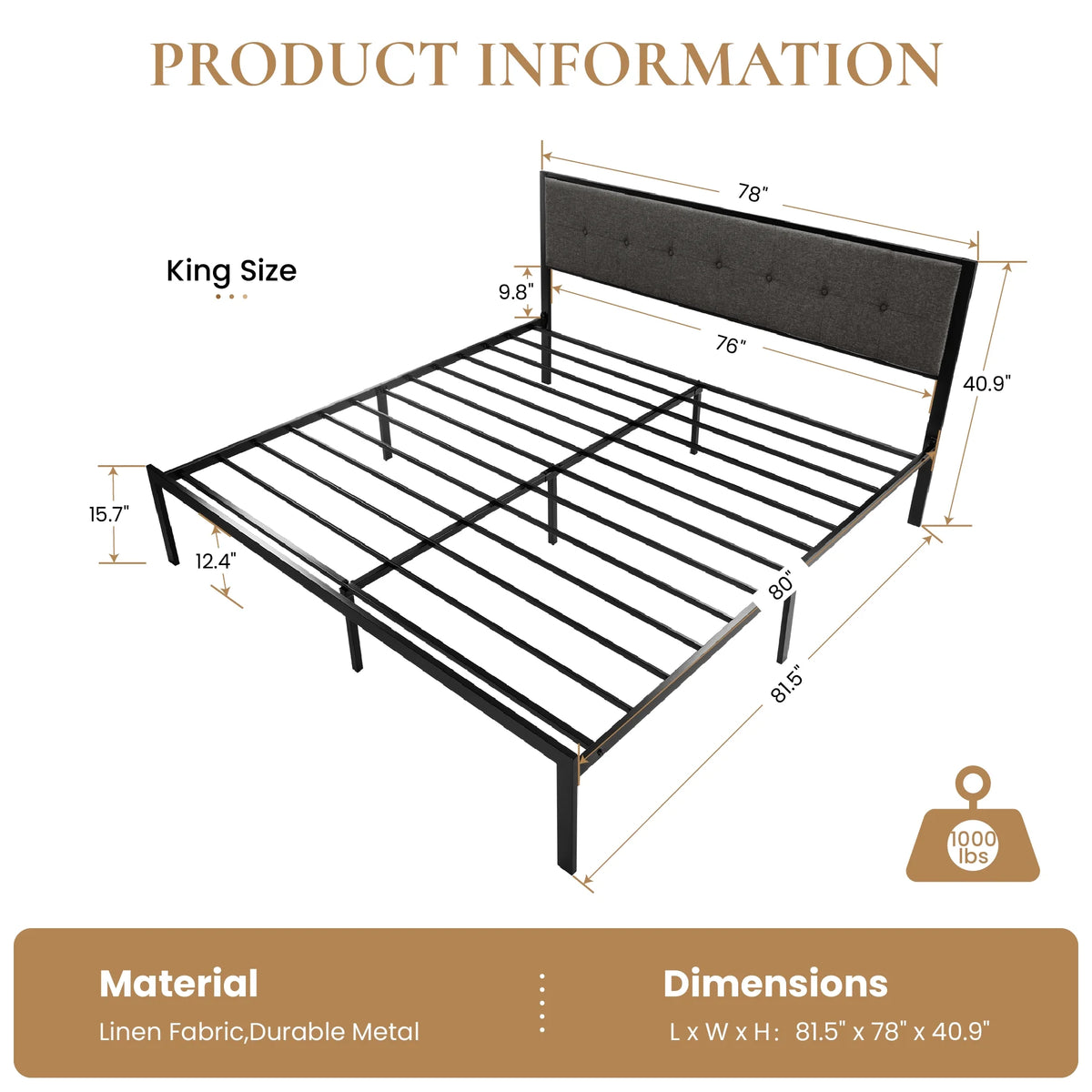 Black King Size Metal Platform Bed Frame with Fabric Headboard X946090