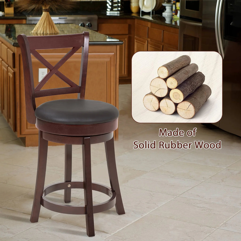 Brown Wooden Low Back Bar Stools with 360 Degree Swivel and PU Leather Upholstery B271488