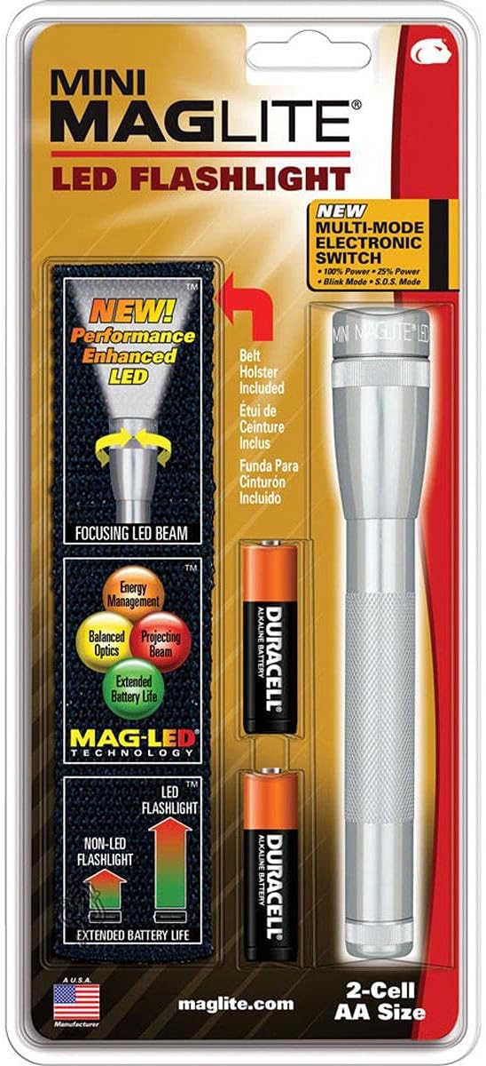 Silver Mini LED 2-Cell AA Flashlight with Holster K4256