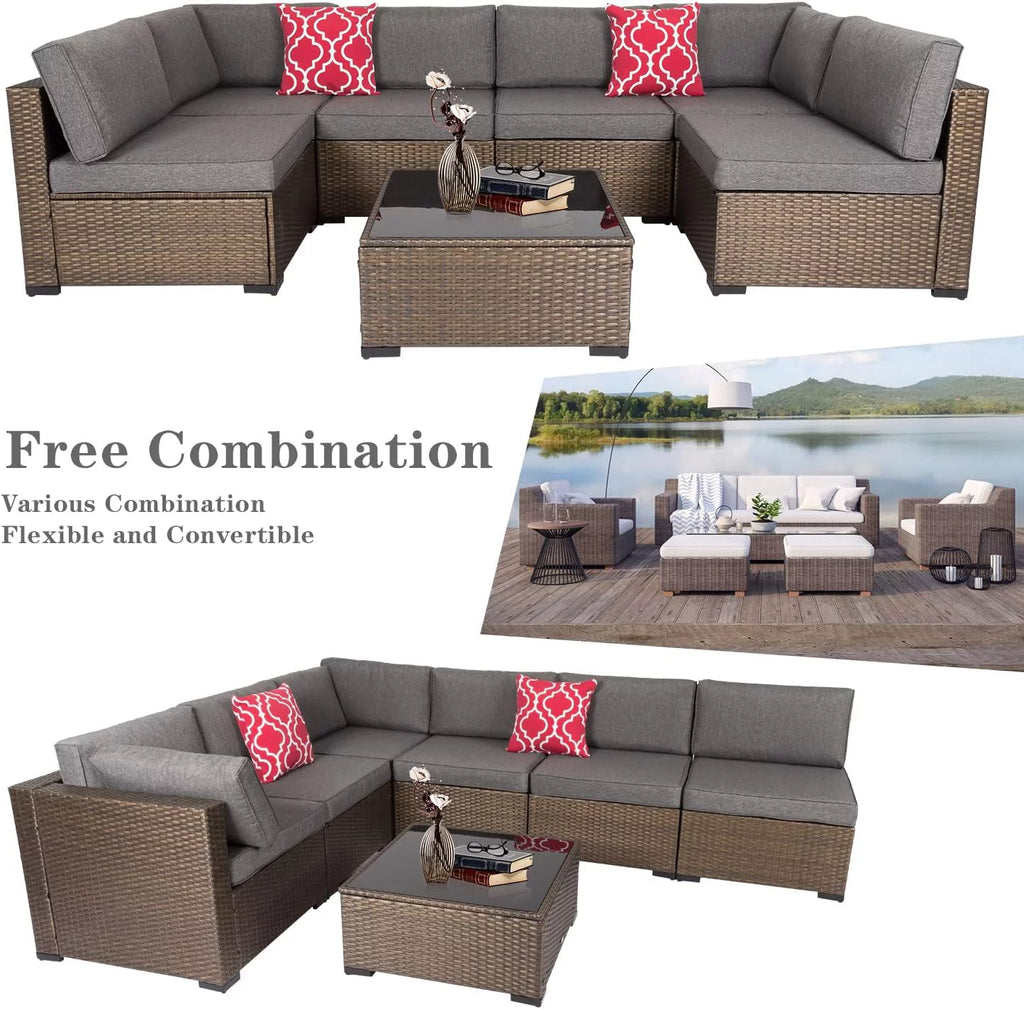 7 Pcs Wicker Patio Furniture Set with Gray Cushions D591957