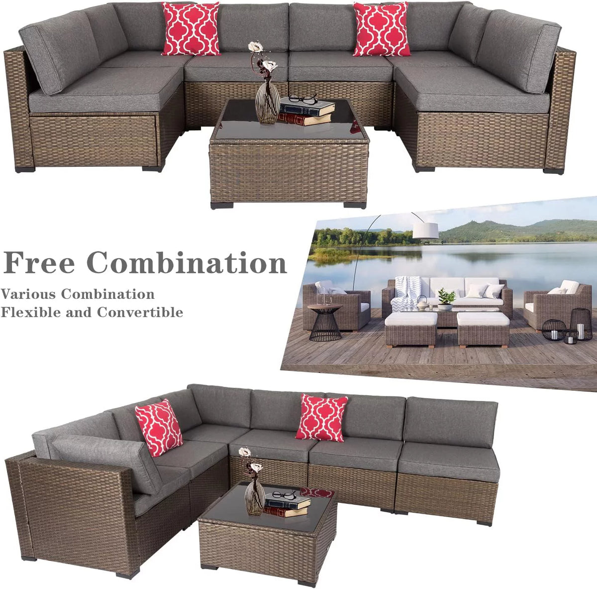 7 Pcs Wicker Patio Furniture Set with Gray Cushions D591957