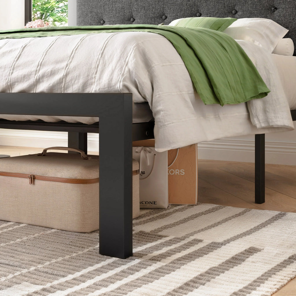 Black King Size Metal Platform Bed Frame with Fabric Headboard X946090