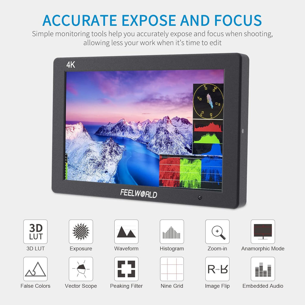 7 Inch 4K HDMI Field Monitor with Waveform Histogram Peaking Focus False Colors U971