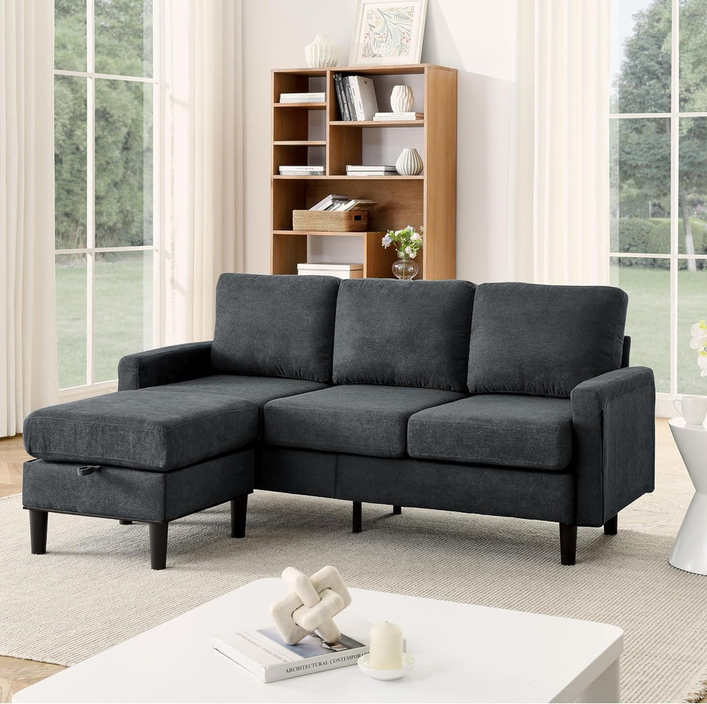 Dark Gray Fabric L Shaped Sectional Sofa with Storage Ottoman E99030
