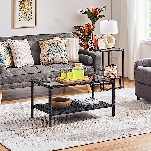 Black Wicker Storage Coffee Table with Tempered Glass Top U704