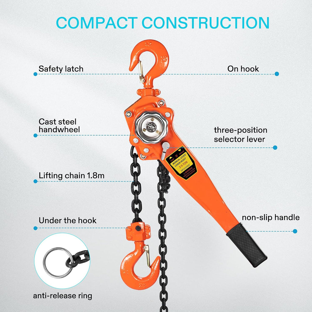 3/4 Ton Capacity 5 Feet Lever Chain Hoist with 2 Hooks I911196