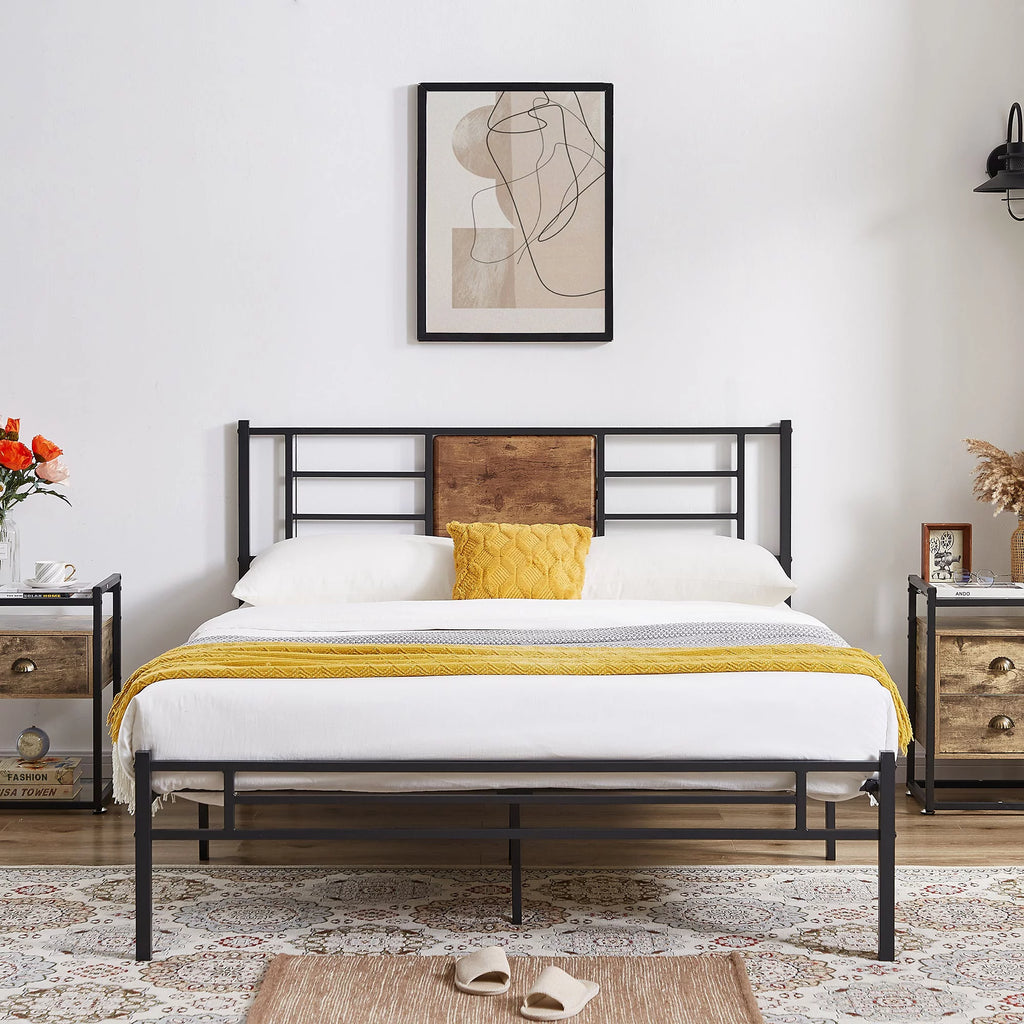 Queen Size Metal Platform Bed Frame with Wood Headboard I28752