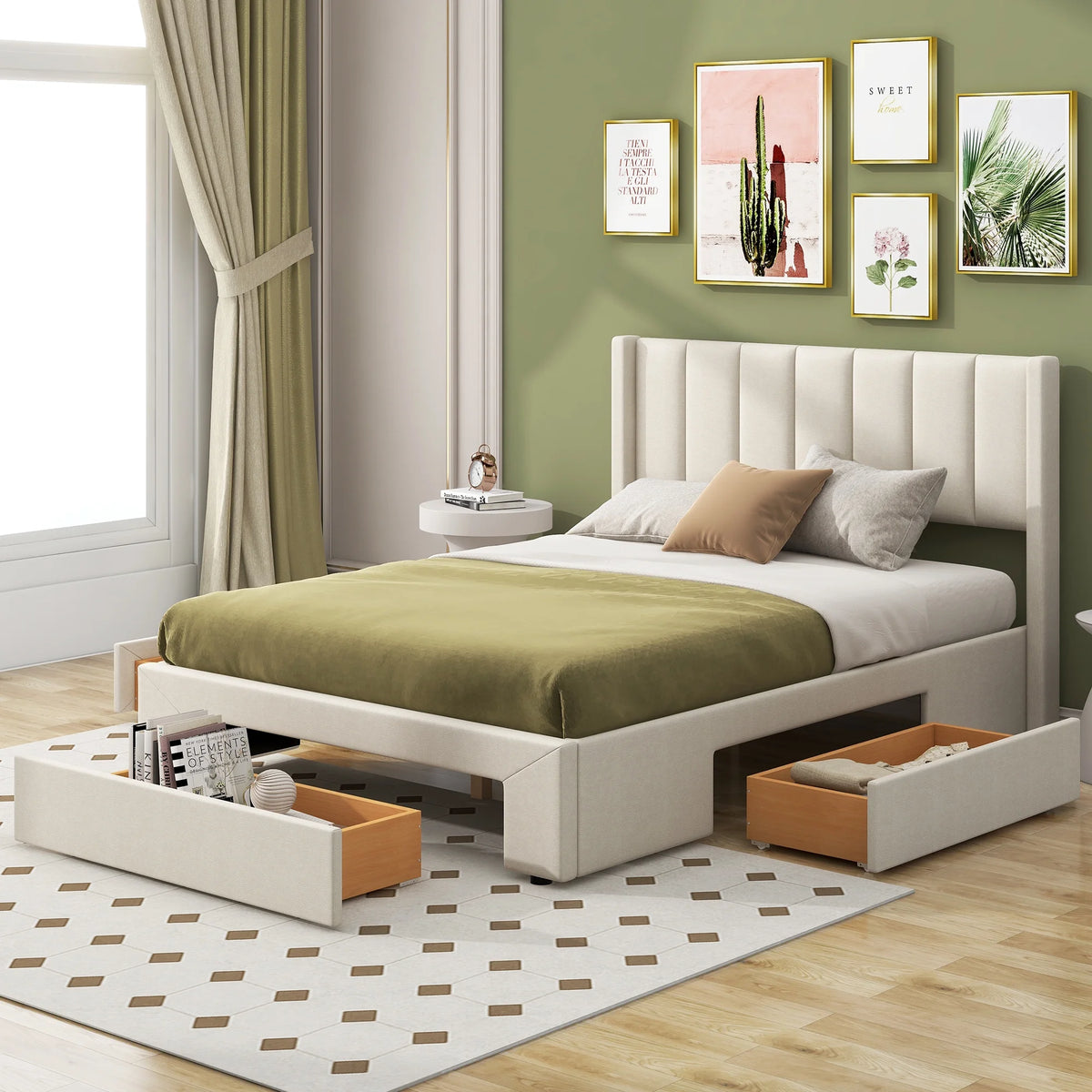Beige Queen Size Upholstered Platform Bed with 3 Storage Drawers L881