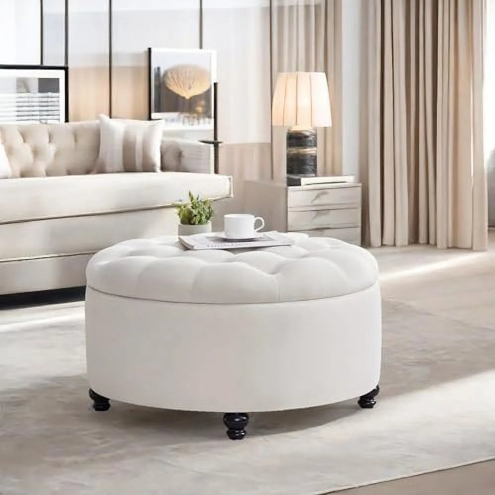 30-Inch Round Button Tufted Upholstered Ottoman with Removeable Top F937168