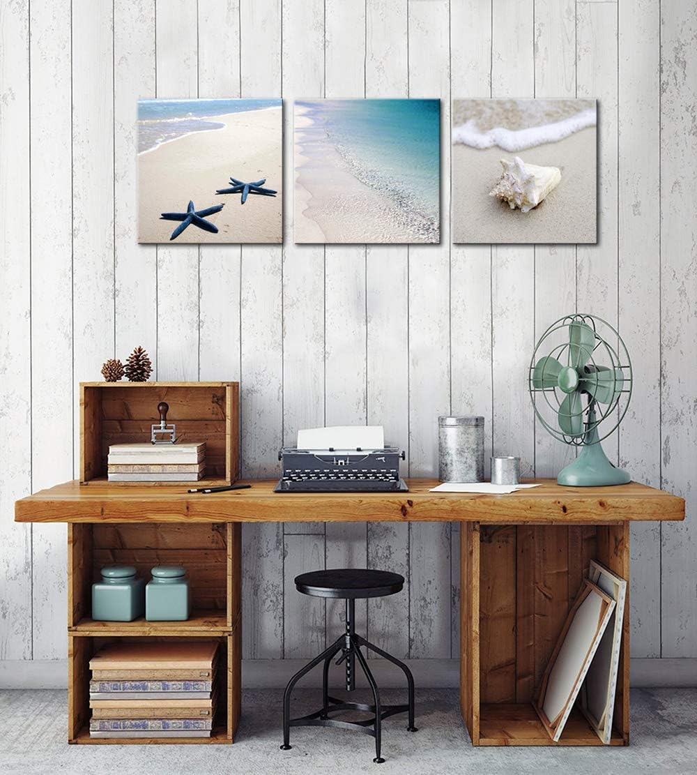 3 Piece Framed Canvas Wall Art Beach Seascape Painting E36969