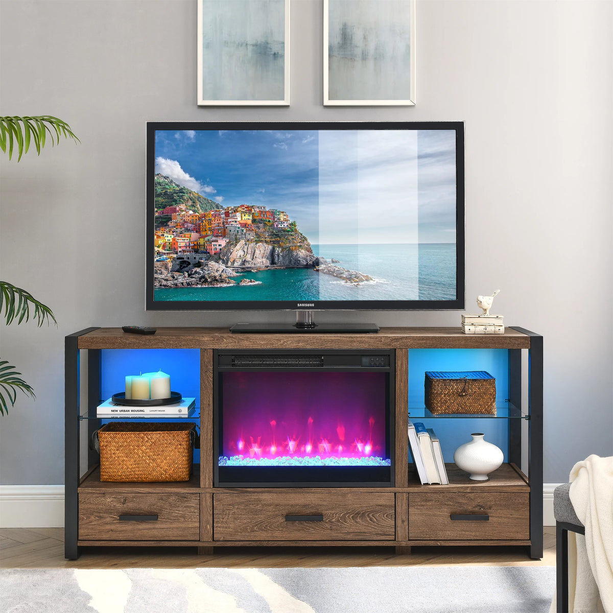Brown Electric Fireplace TV Stand with 3 Drawers L8208