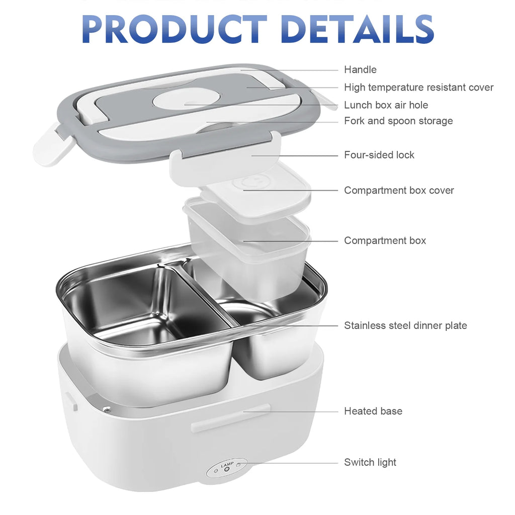 White 3-In-1 Portable Electric Lunch Box with 304 Stainless Steel Container L537